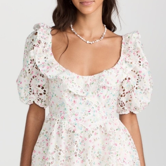 For Love & Lemons Magnolia Floral Lasercut Puff Sleeve Mini Dress Large Feminine - Picture 2 of 16